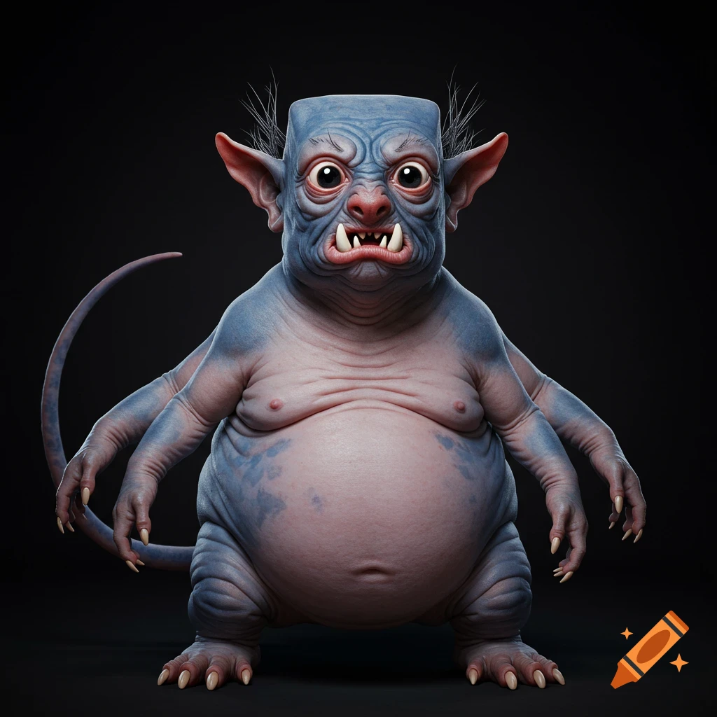 A photorealistic rendering of a hairless, plump blue creature with multiple long arms, large eyes, pointed ears, and fangs.
