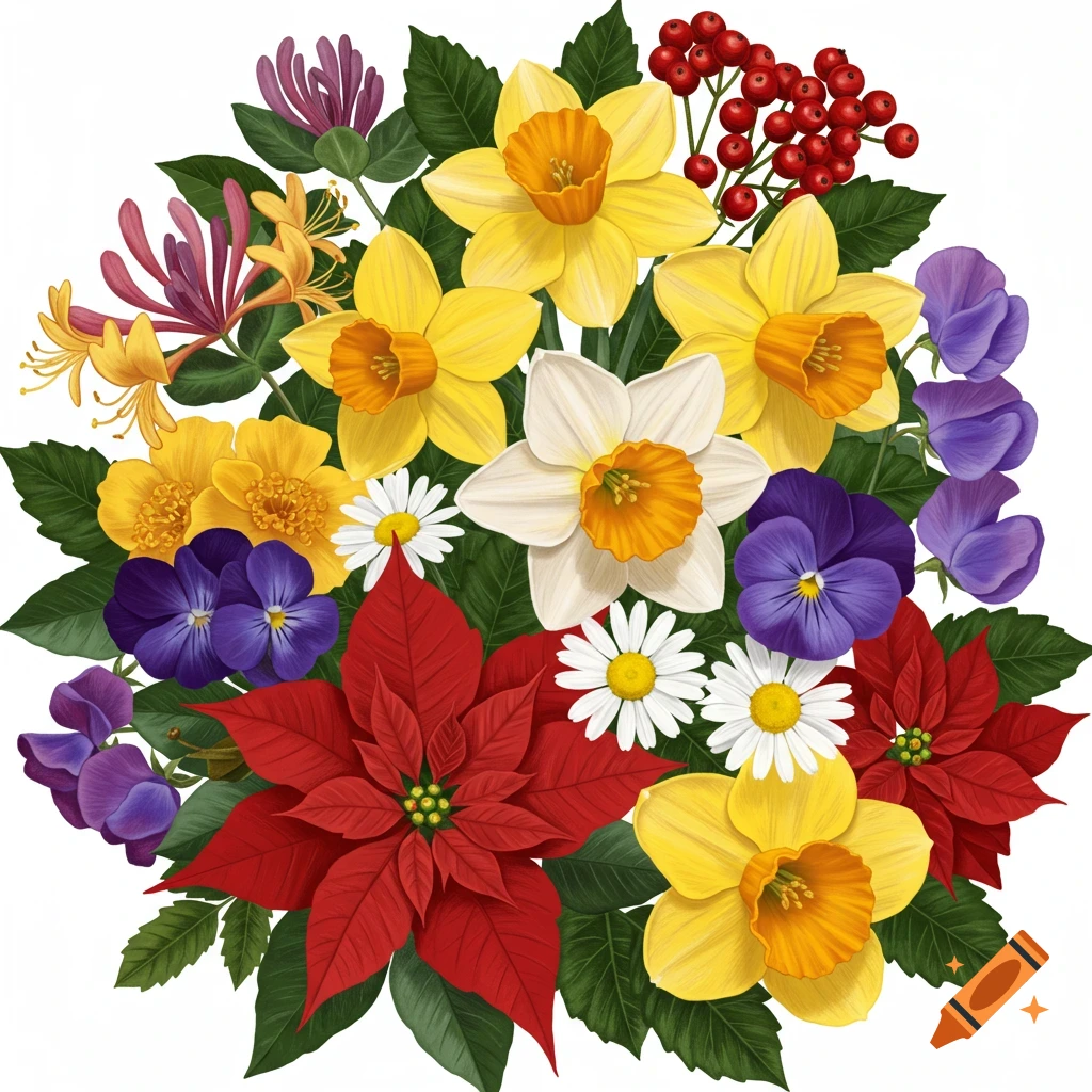 A colorful bouquet of flowers and berries including daffodils, pansies, daisies, poinsettias, honeysuckle, and holly.