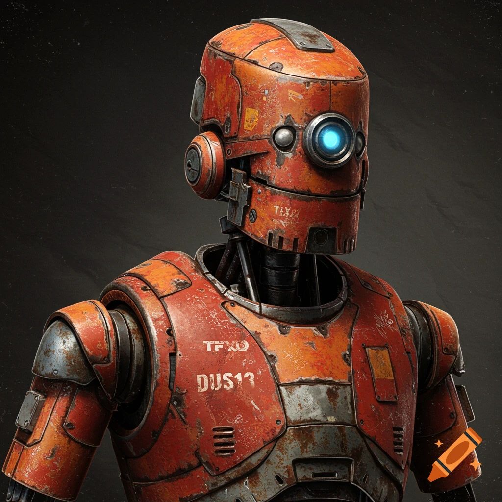 A rusty, orange and grey robot with a glowing blue eye.