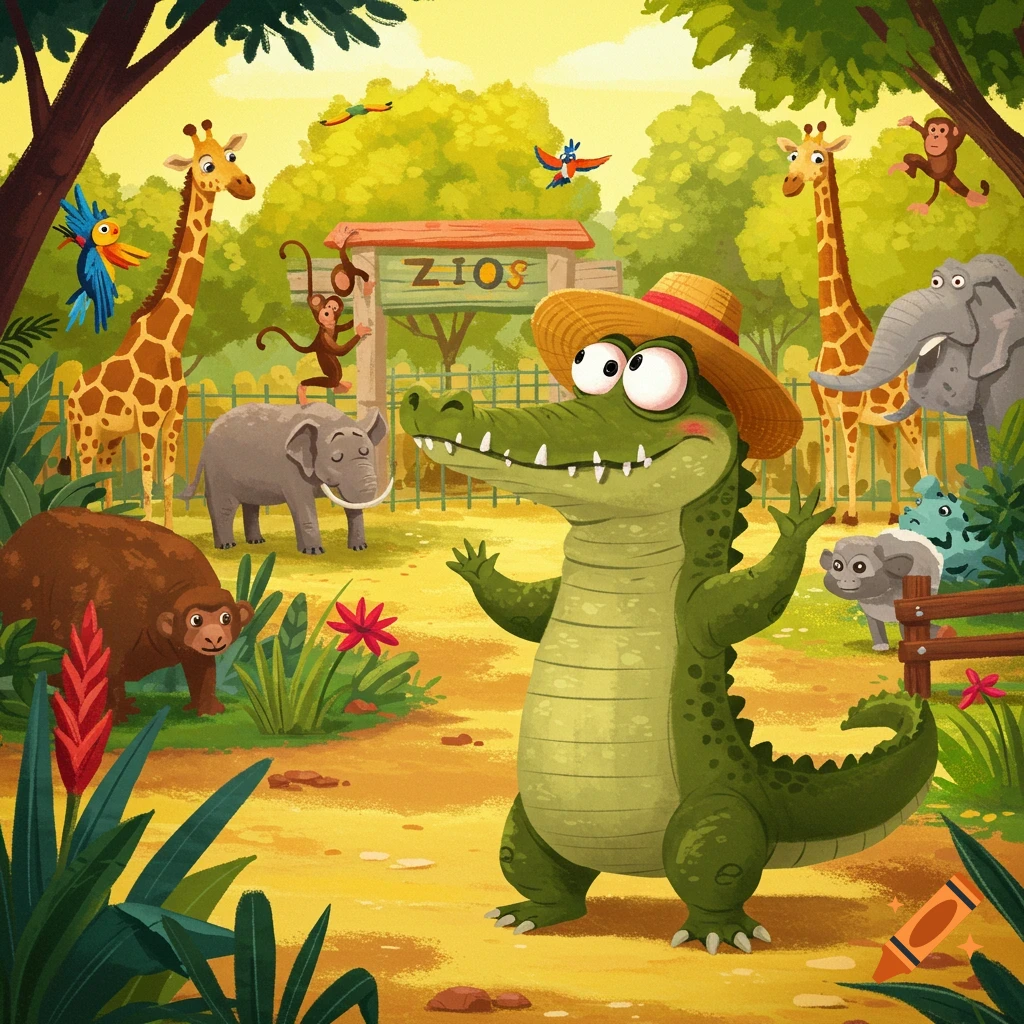 Cartoon alligator standing on two feet at a zoo with other animals
