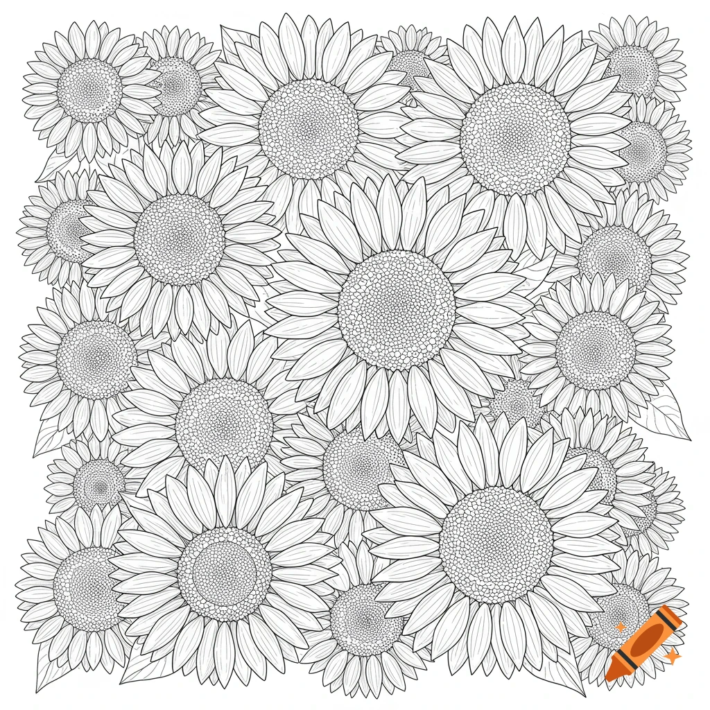 Black and white line drawing of overlapping sunflowers for coloring.