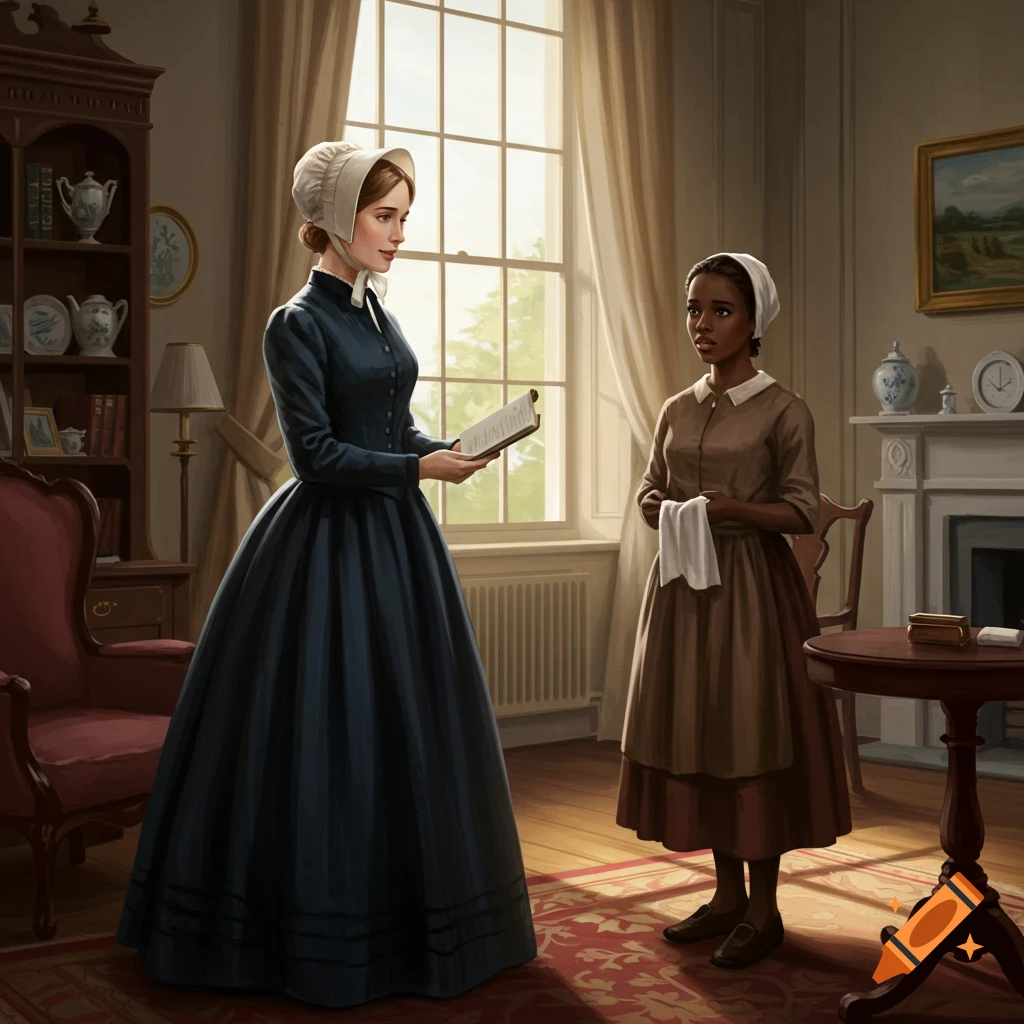 Two women in 1800s dresses standing in a room.