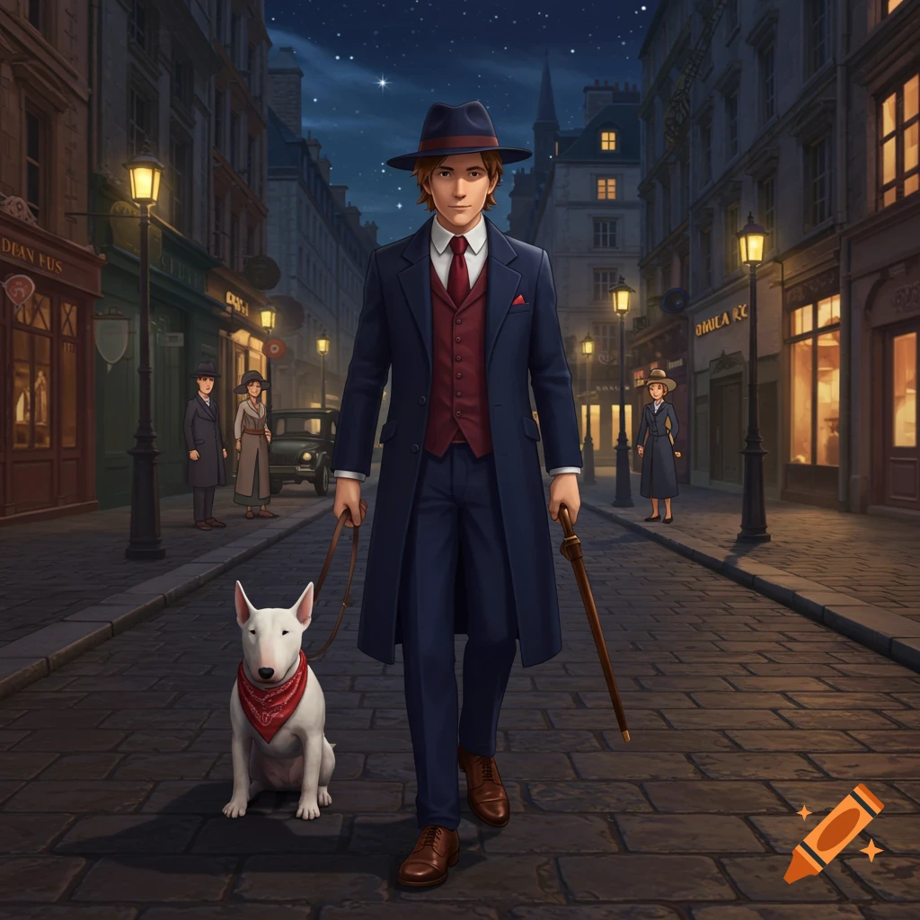 Man in suit and fedora walks bull terrier on a Paris street at night, game art style.