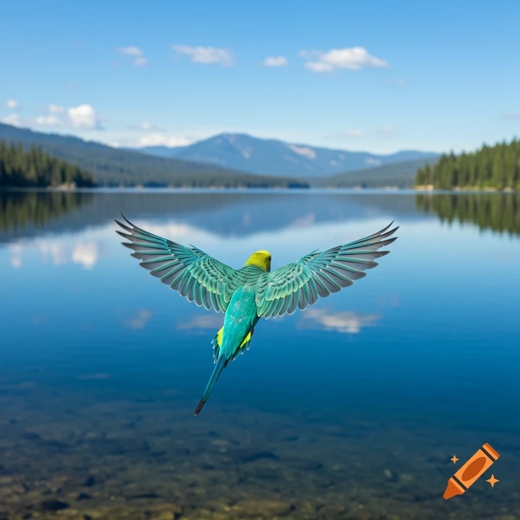 English budgie flying over a lake with mountains in the background