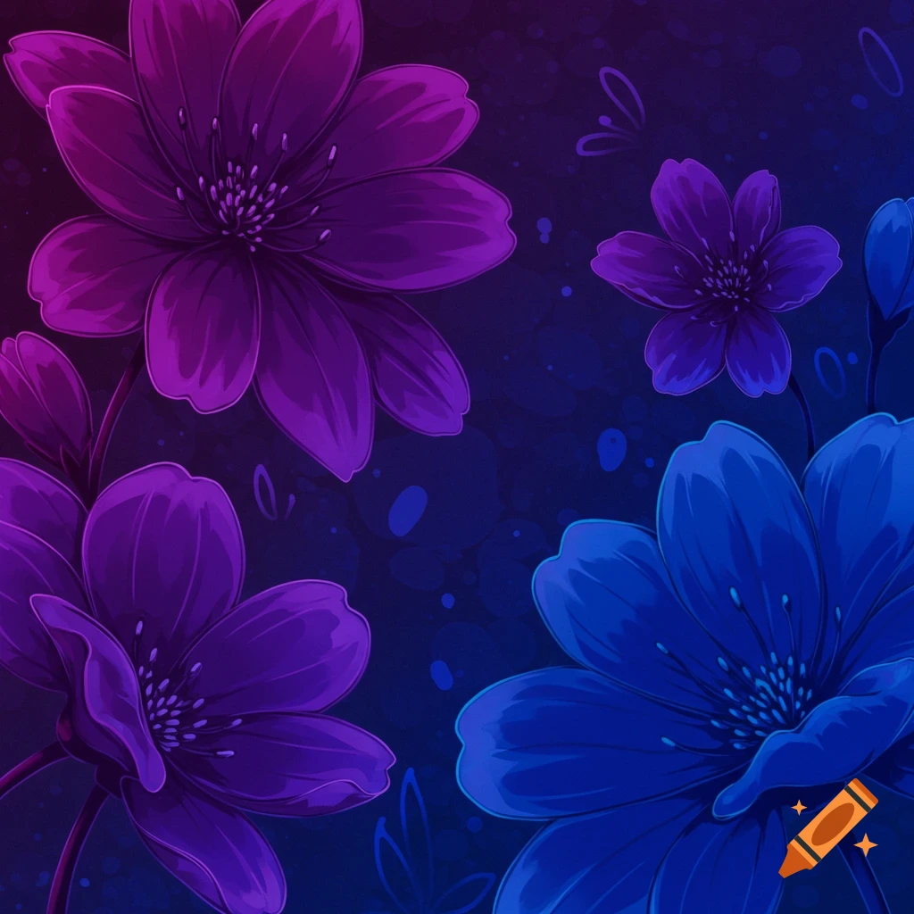 Purple and blue flowers against a dark background in anime style.