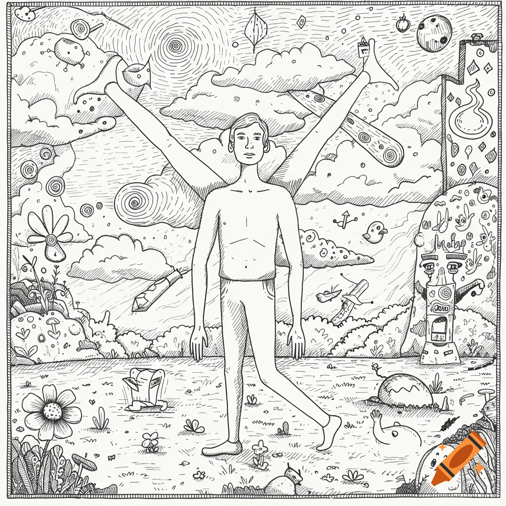 Black and white line drawing of a figure with extra limbs in a surreal landscape.