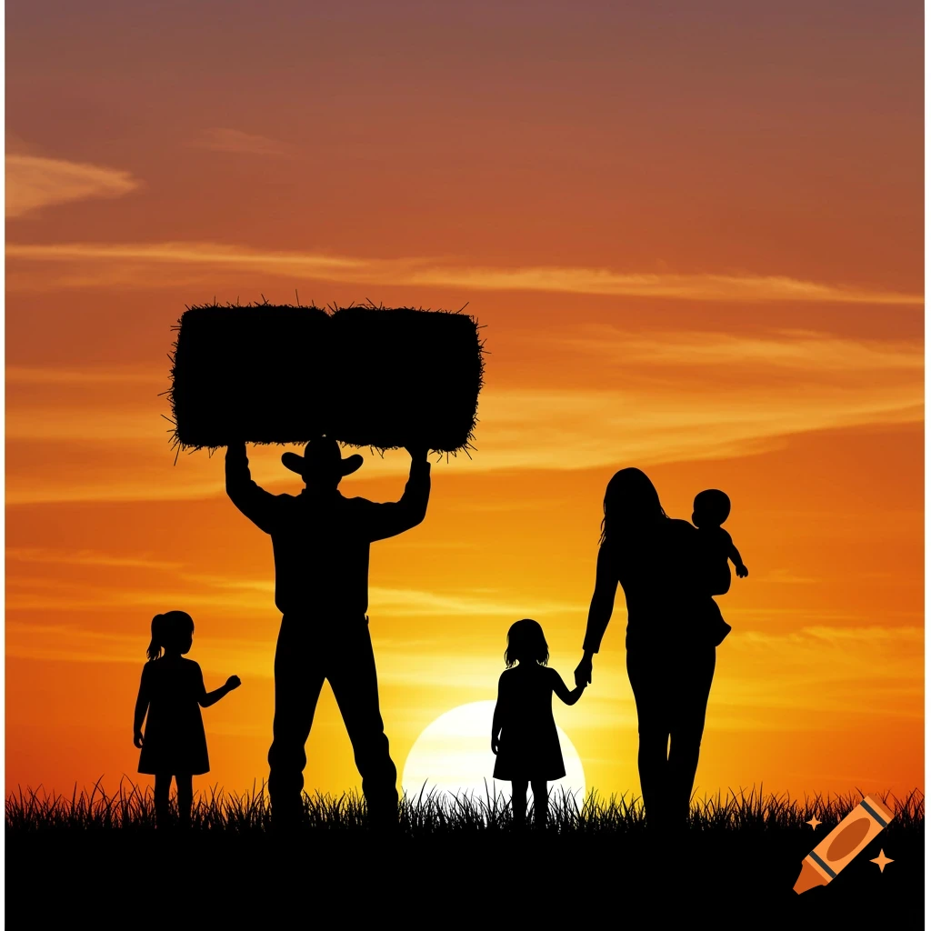 Silhouette of a family on a field against a sunset. Man carries hay, woman holds a baby and girl's hand, another girl stands nearby.