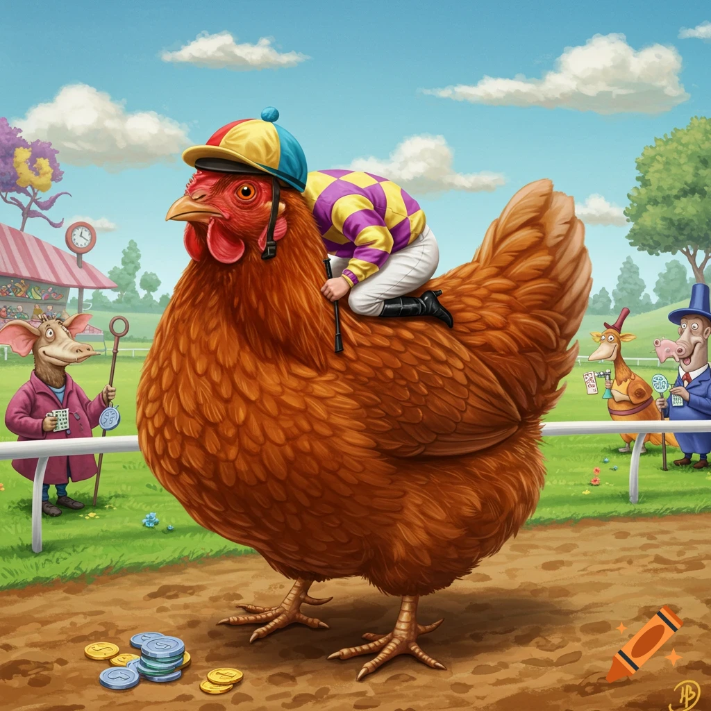 A giant chicken with a jockey on its back stands at a race track next to other animal spectators.