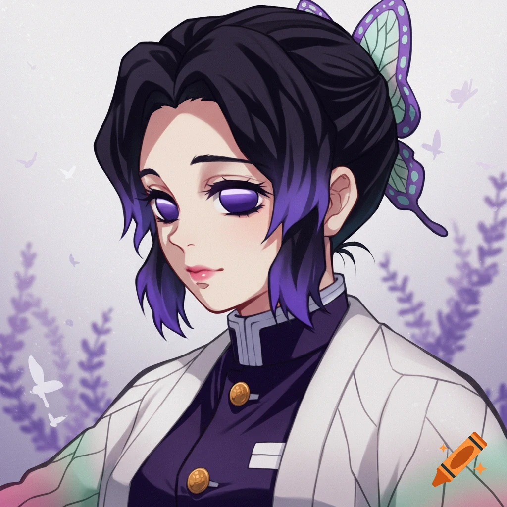 Anime portrait of Shinobu Kocho with purple eyes and hair, wearing a white and purple uniform, with butterflies and lavender.