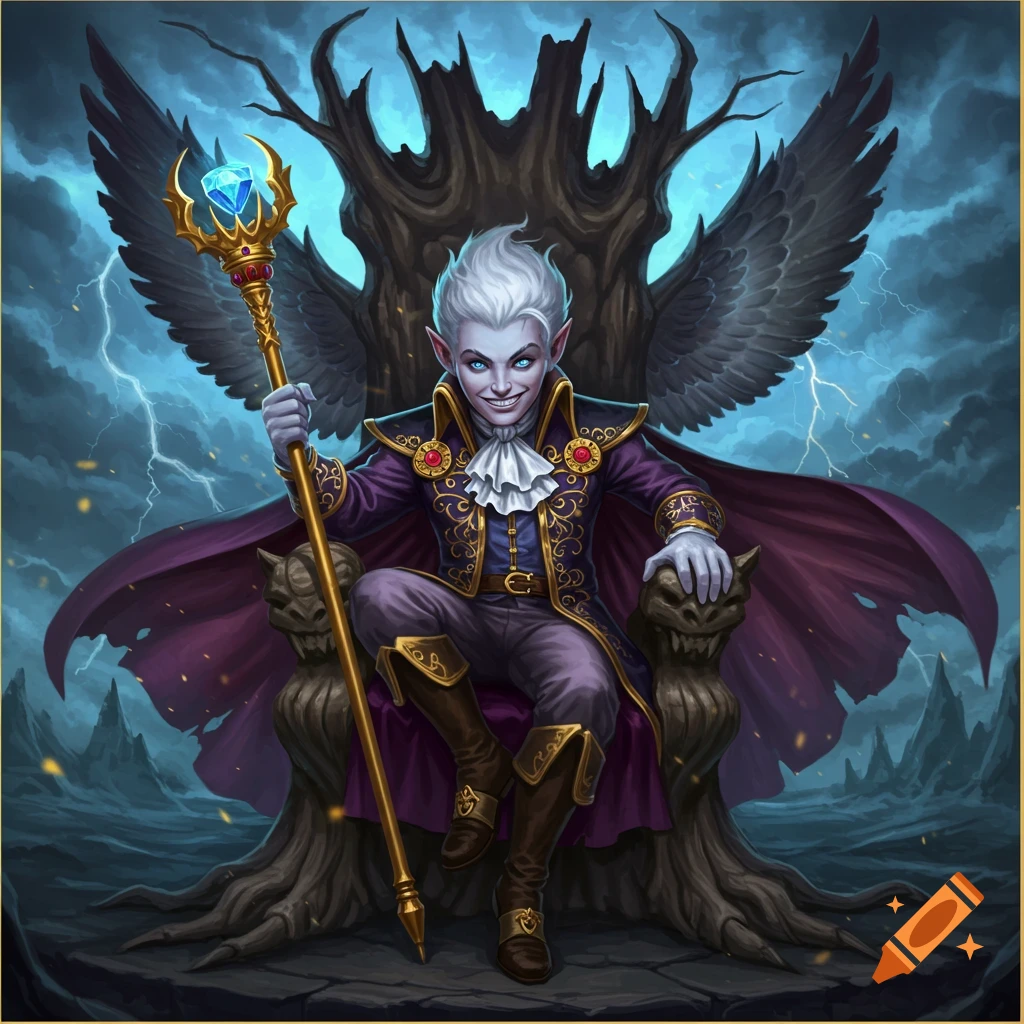 A pale-skinned fantasy creature with pointed ears sits on a throne with wings, holding a staff, against a dark, stormy sky.
