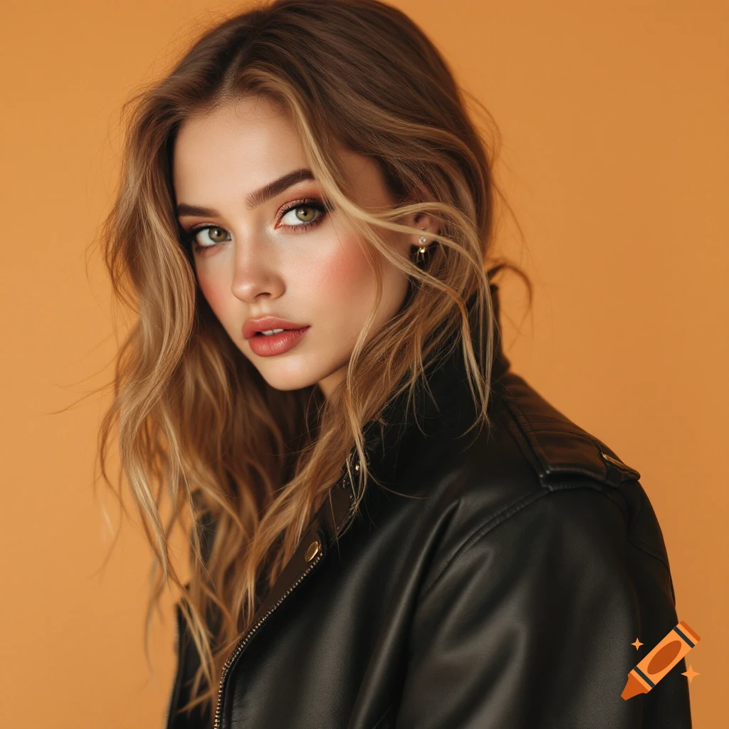 A young woman wearing a black leather jacket against an orange background, photorealistic style.