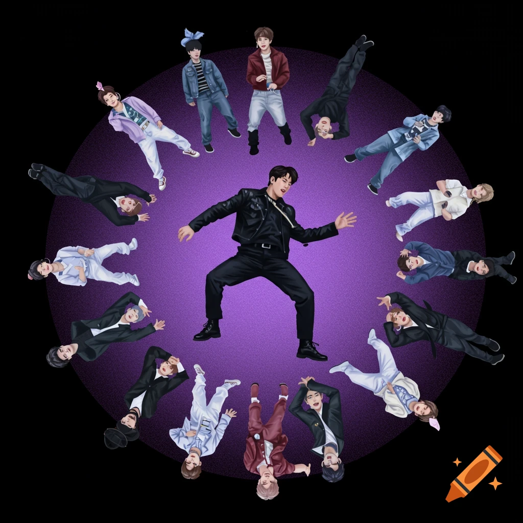 Multiple male figures dancing in dynamic poses arranged in a circle around a central figure.