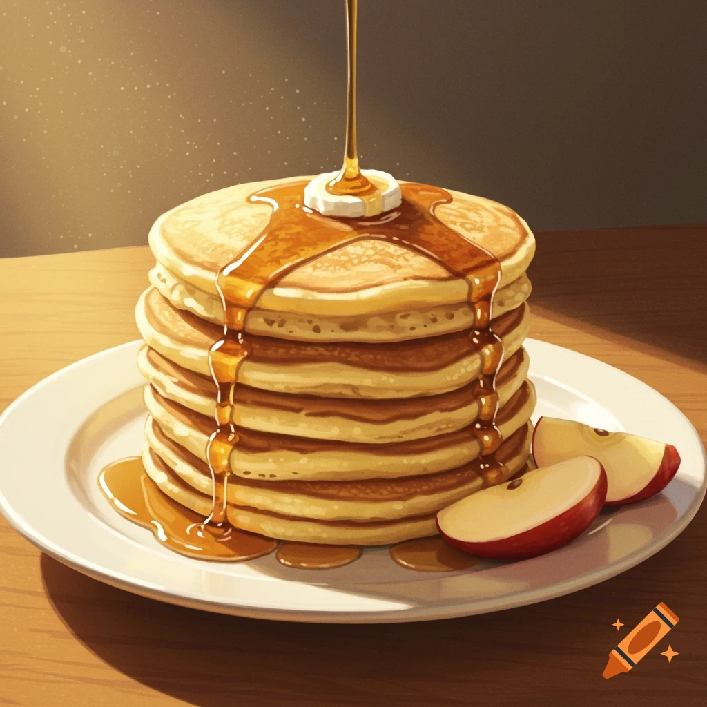 A stack of pancakes with syrup and apple slices on a plate.