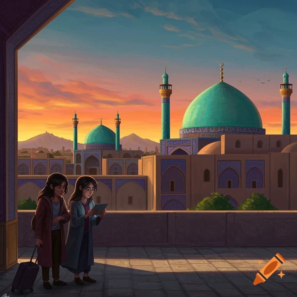 Two people with luggage looking at a tablet in front of mosques at sunset
