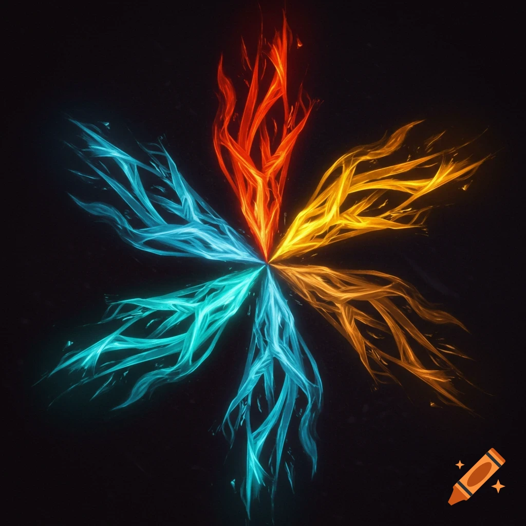 Abstract radial design of glowing, swirling energy in red, orange, yellow, and blue against a black background.