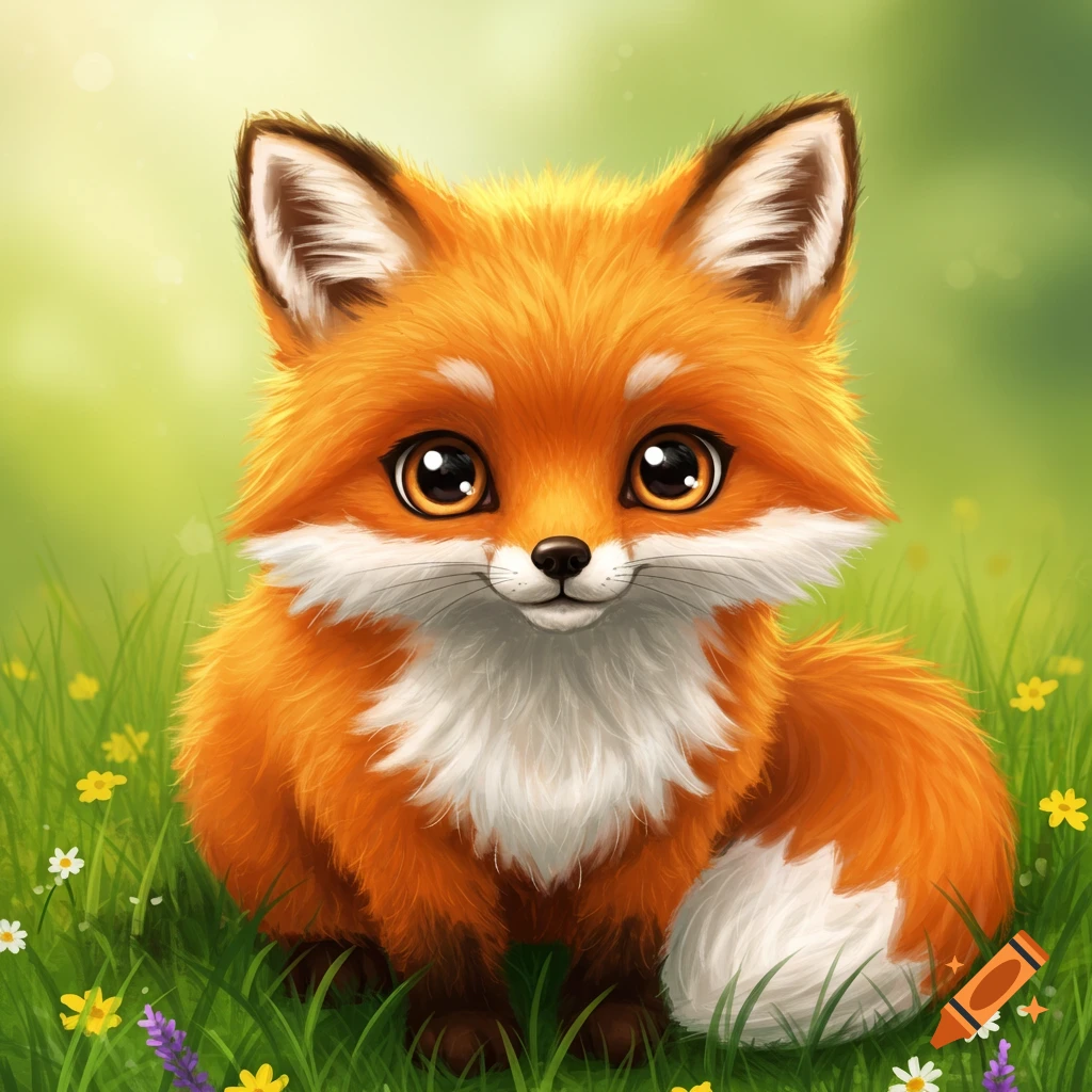 A cute cartoon-style fox sits in green grass with small flowers.