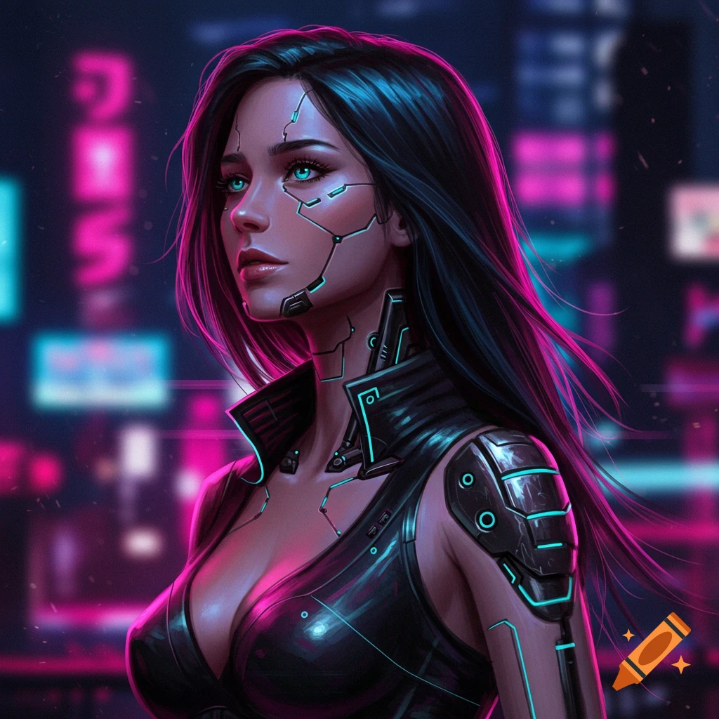 A portrait of a cyberpunk woman with implants, set against the backdrop of a sprawling city.