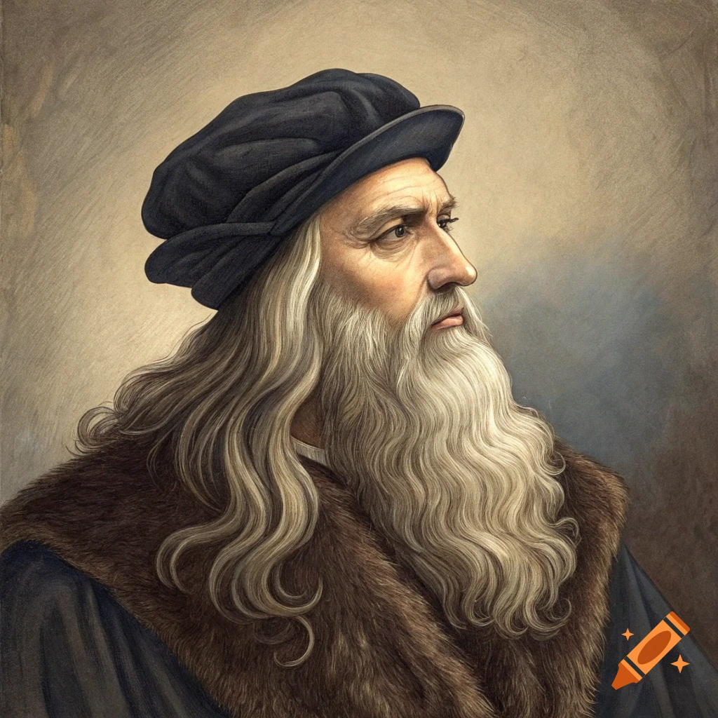A profile portrait of a man resembling Leonardo da Vinci, with a long beard and hat, in an artistic style.