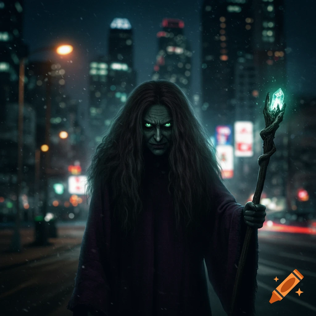 A creepy witch with glowing green eyes holds a staff on a dark city street at night.