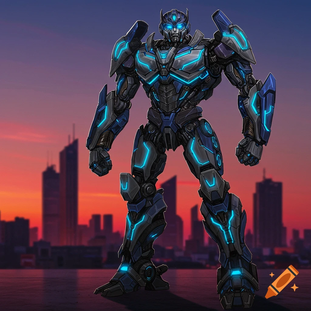 A blue and gray robot stands in front of a city skyline at sunset.