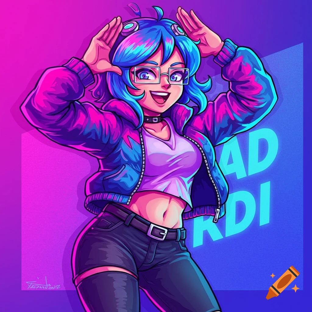 Stylized image of a young woman with blue hair, glasses, crop top, jacket, shorts, posing with hands up against a pink and blue background with text.