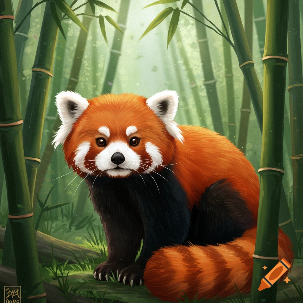 A red panda sitting in a bamboo forest.