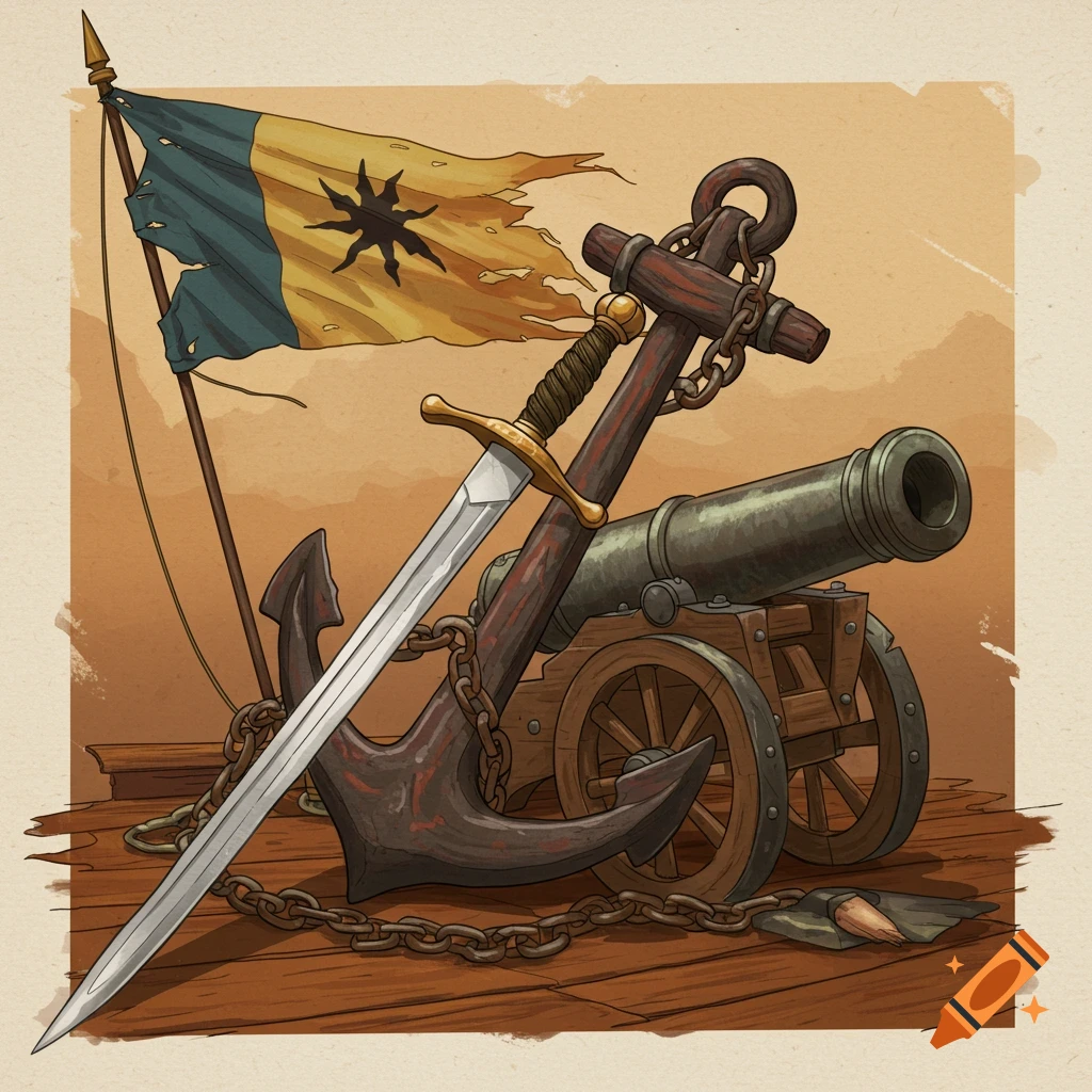 Pirate symbols: sword, anchor, cannon, and tattered flag on a wooden deck.