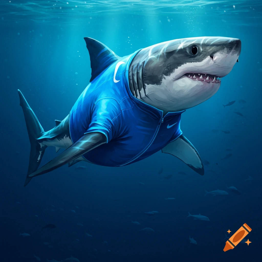 A shark wearing a blue athletic jacket is swimming underwater.