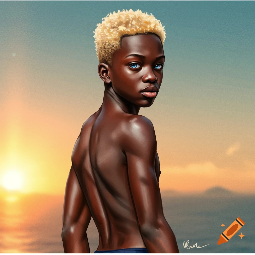 A young Black person with blonde hair and blue eyes, facing away from the camera against a sunset.