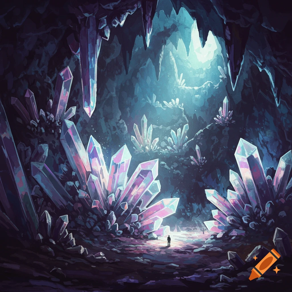 A person stands in a large cave filled with vibrant, glowing crystals.