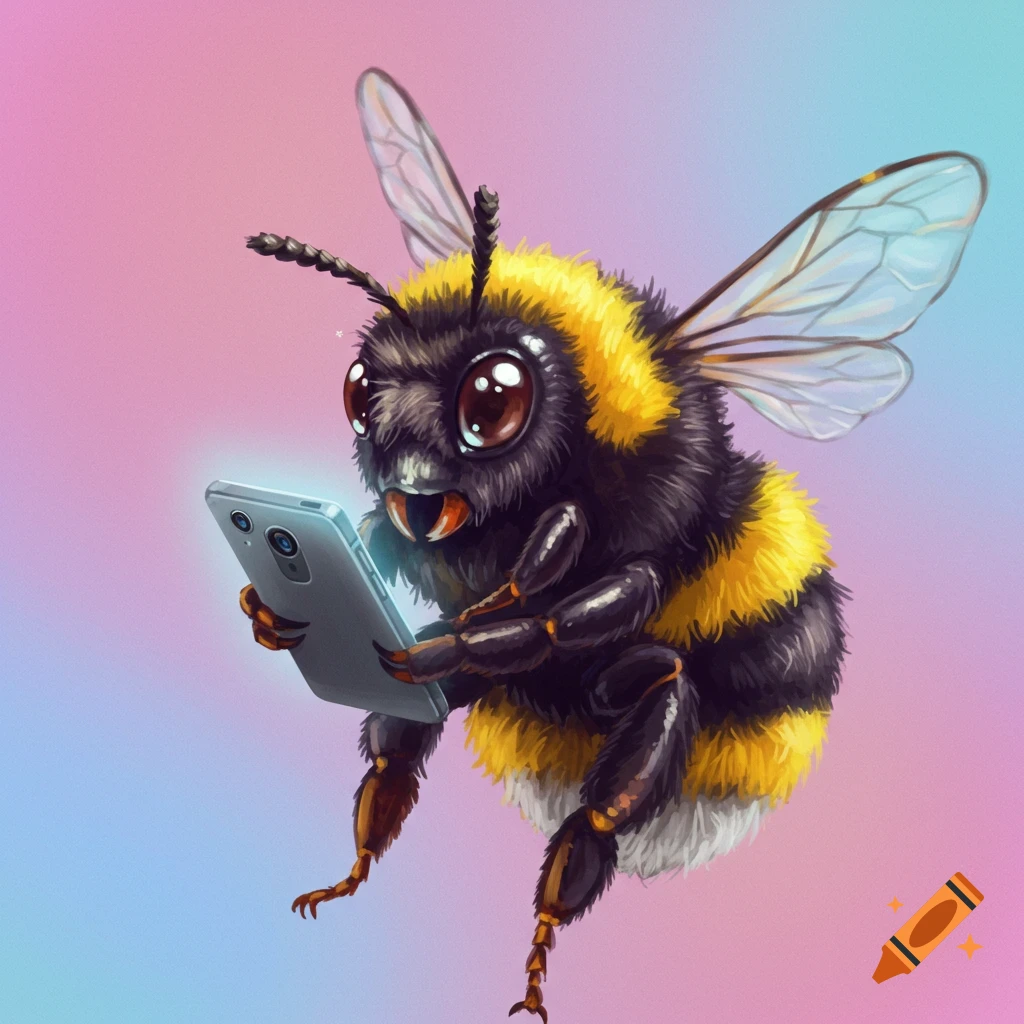 A cute bumblebee holds and looks at a smartphone.