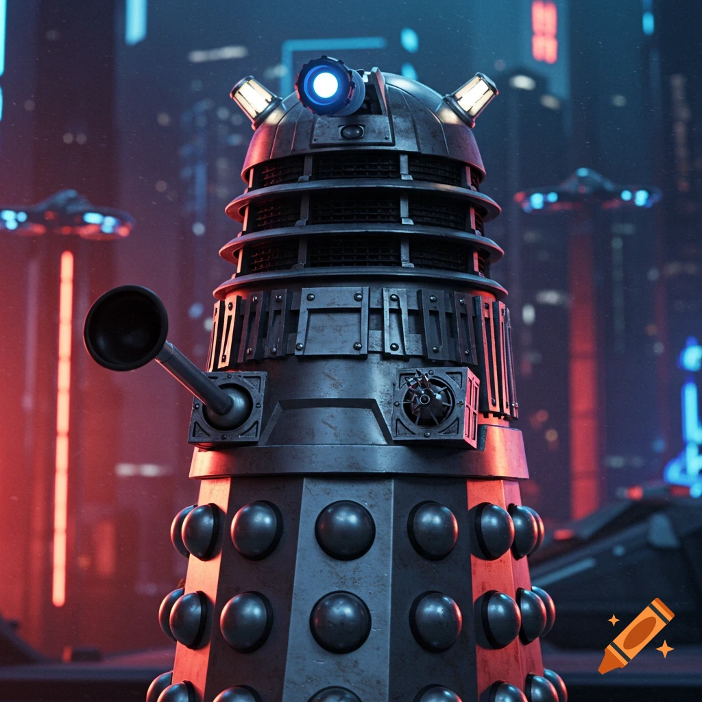 A detailed render of a Dalek in a futuristic city at night.