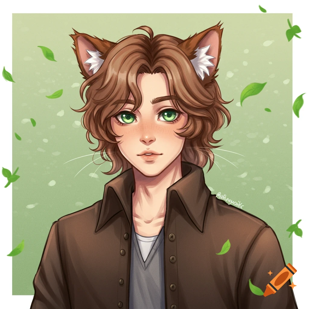 Anime style portrait of a catboy with brown hair, green eyes, and cat ears, wearing a brown jacket. Floating leaves.