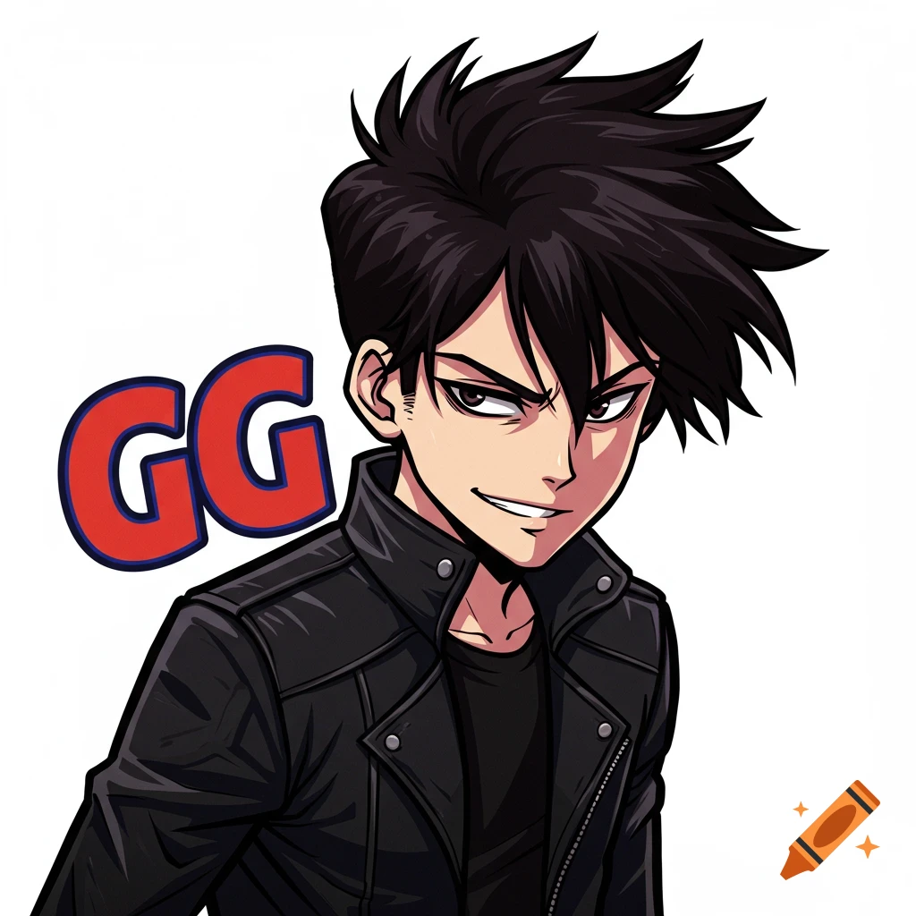 Anime-style drawing of a dark-haired man in a leather jacket, with the text "GG".