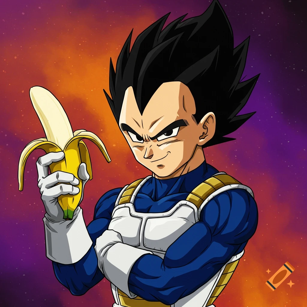 Vegeta holding a peeled banana