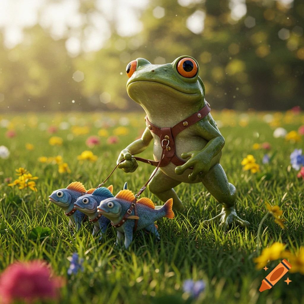 Realistic rendering of a frog walking three fish 'dogs' on leashes through a sunny flower field.