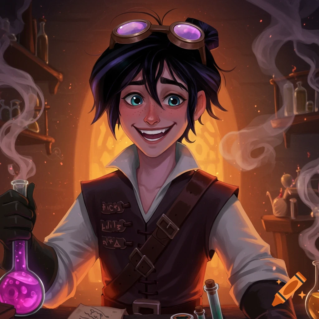 Varian from Tangled in an alchemy lab, holding a flask.