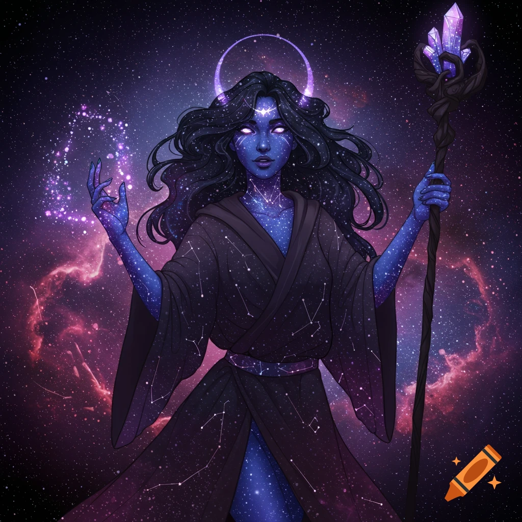 A galaxy-skinned witch in a starry robe holds a crystal staff while standing in space.
