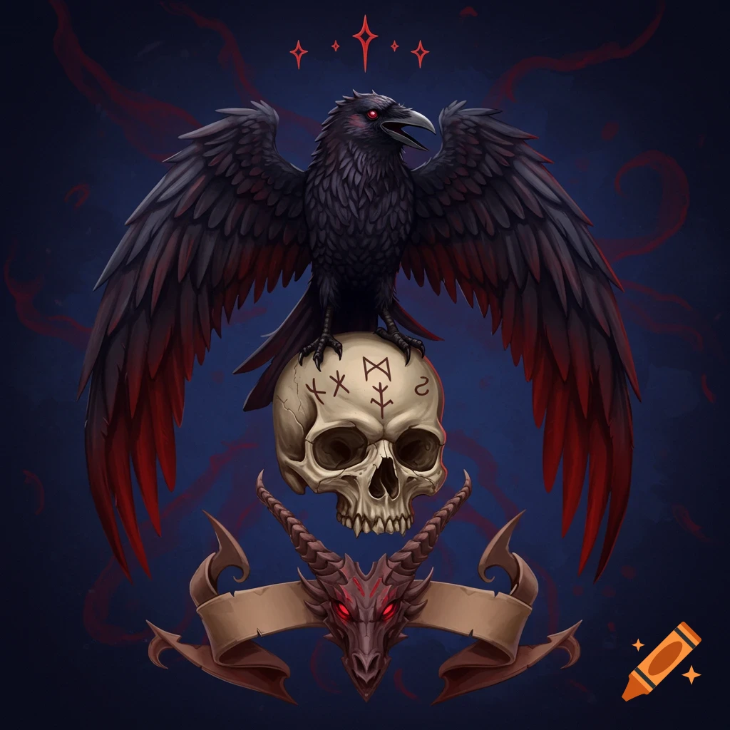 A black crow is perched on a skull adorned with runes, positioned above a banner and a demonic head.