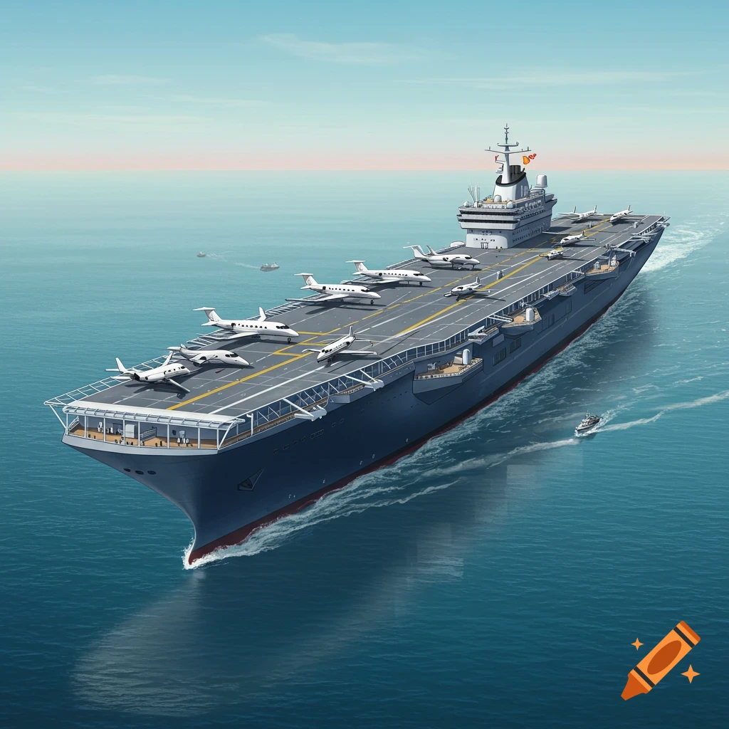 A large aircraft carrier hybrid with private jets on the flight deck sails on the ocean.