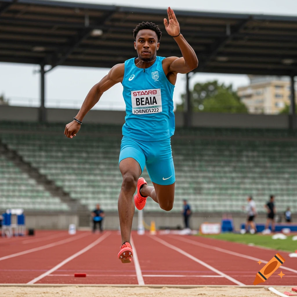 Athlete triple jumping on a track