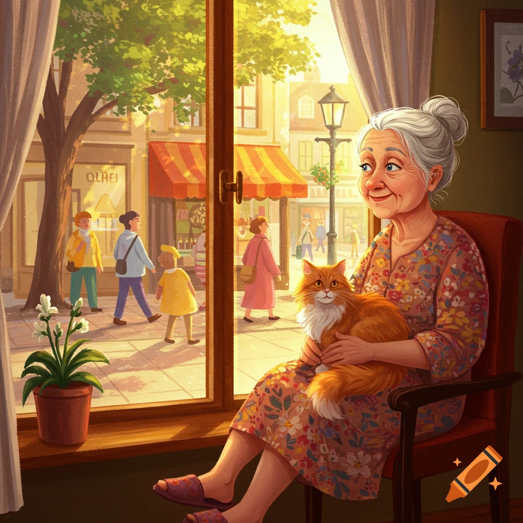 An elderly woman holding a cat is sitting by a window watching people walk past shops on the street below.
