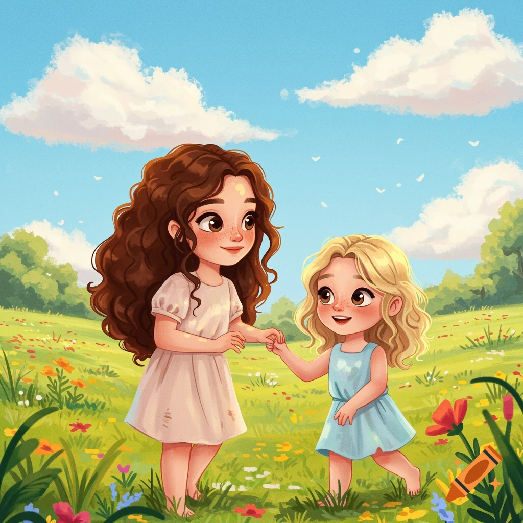 Whimsical illustration of two girls holding hands in a flowery meadow.
