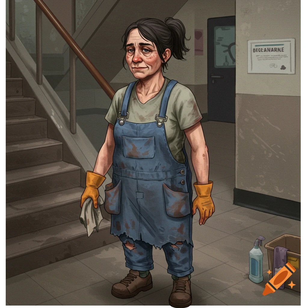 A cleaning woman standing in a hallway.