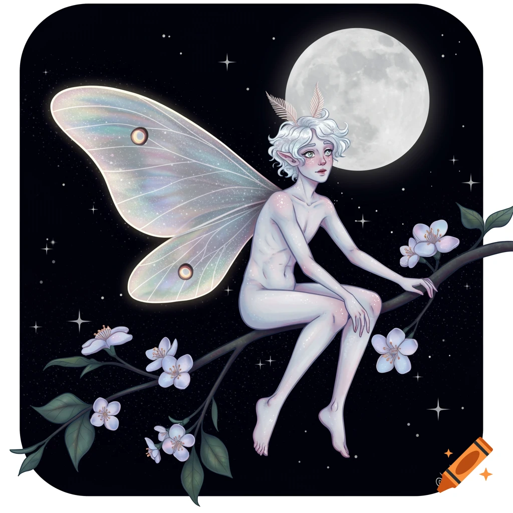 A moth fairy boy with iridescent wings sits on a flowering branch under a full moon at night.