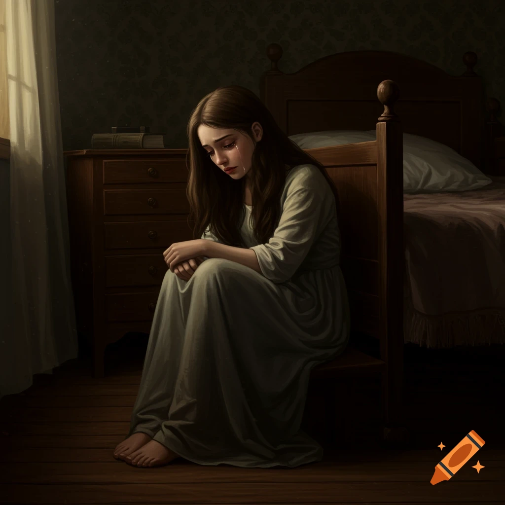 A young girl sits crying on the floor of a dimly lit Victorian bedroom.