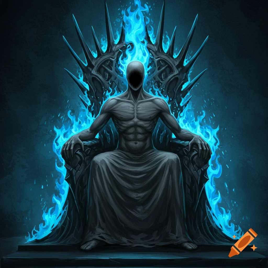 A figure with a blank face sits on a dark throne engulfed in blue fire.