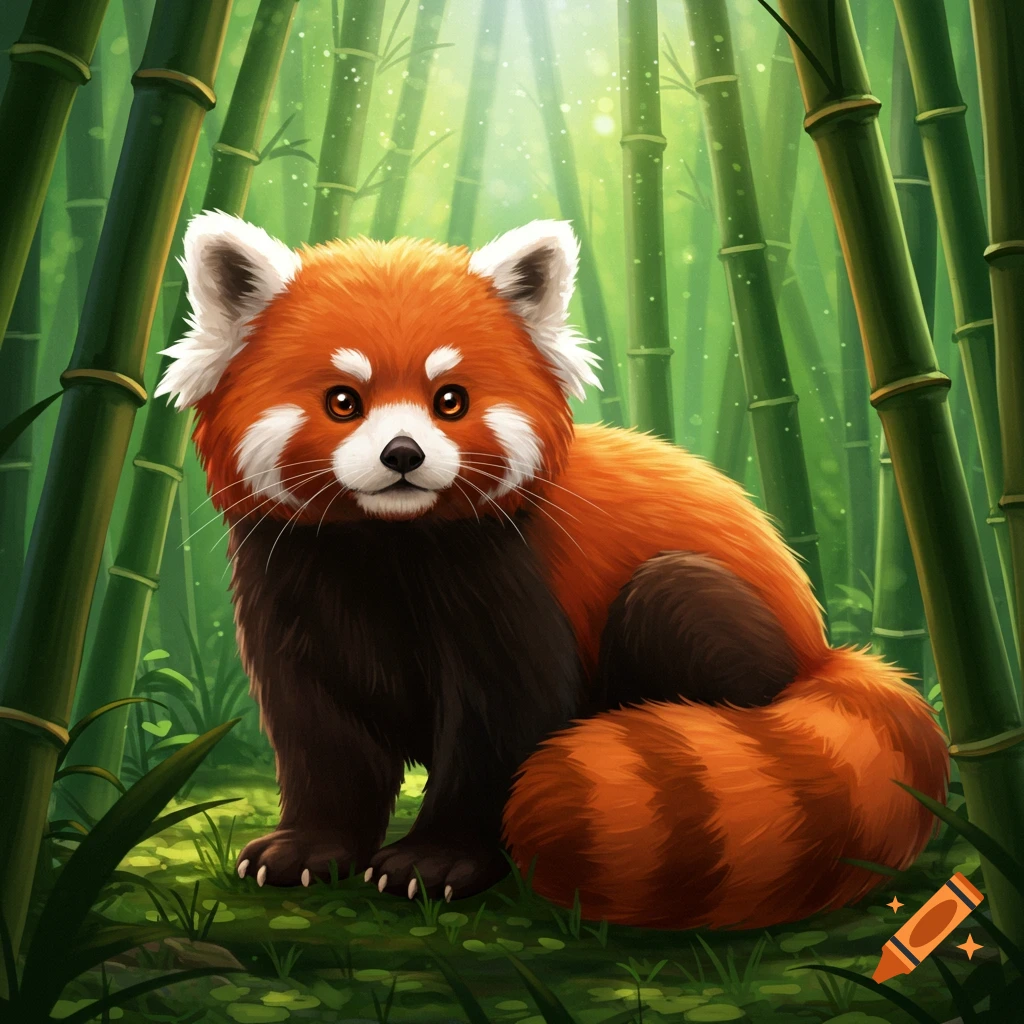Cute red panda sitting in a sunlit bamboo forest.