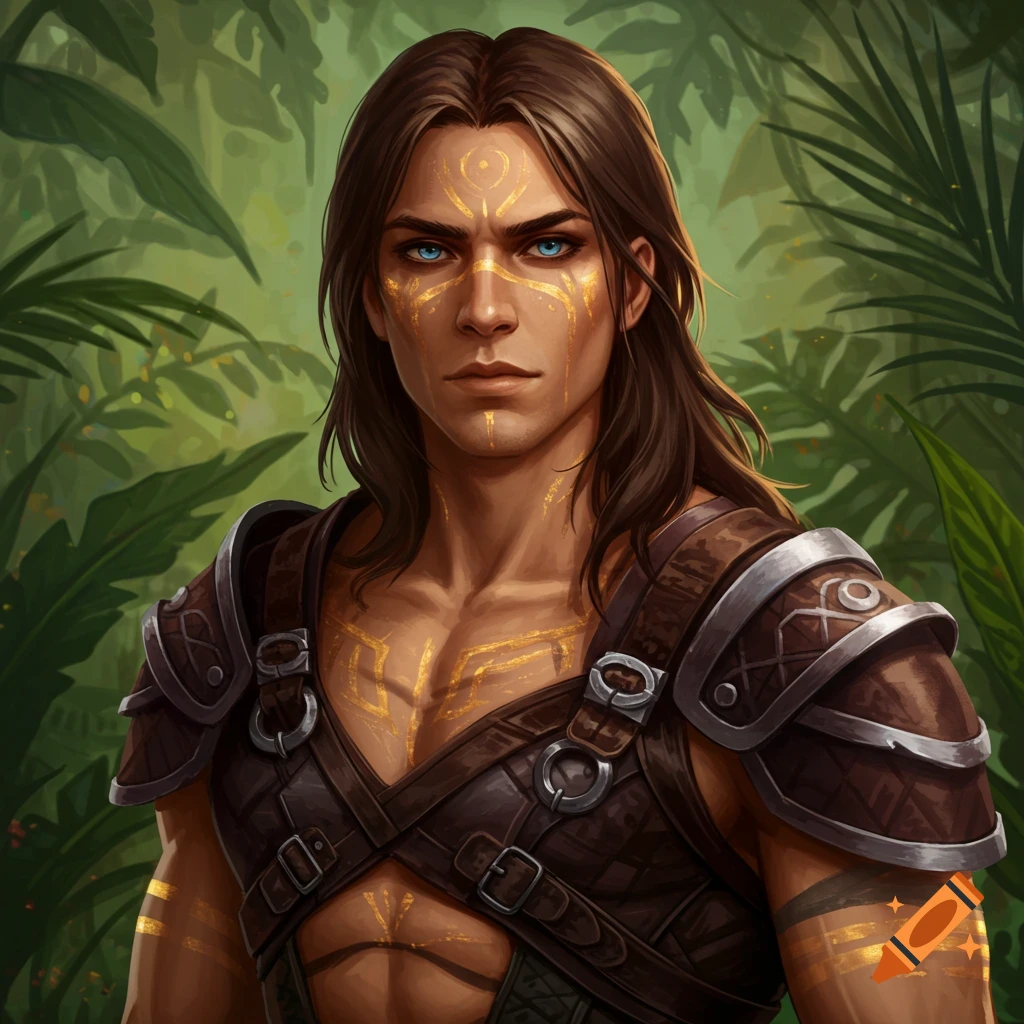 A man with long hair, blue eyes, golden markings, and leather armor in a jungle.