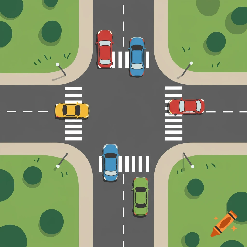 Overhead view of a four-way cartoon intersection with red, blue, yellow, and green cars.